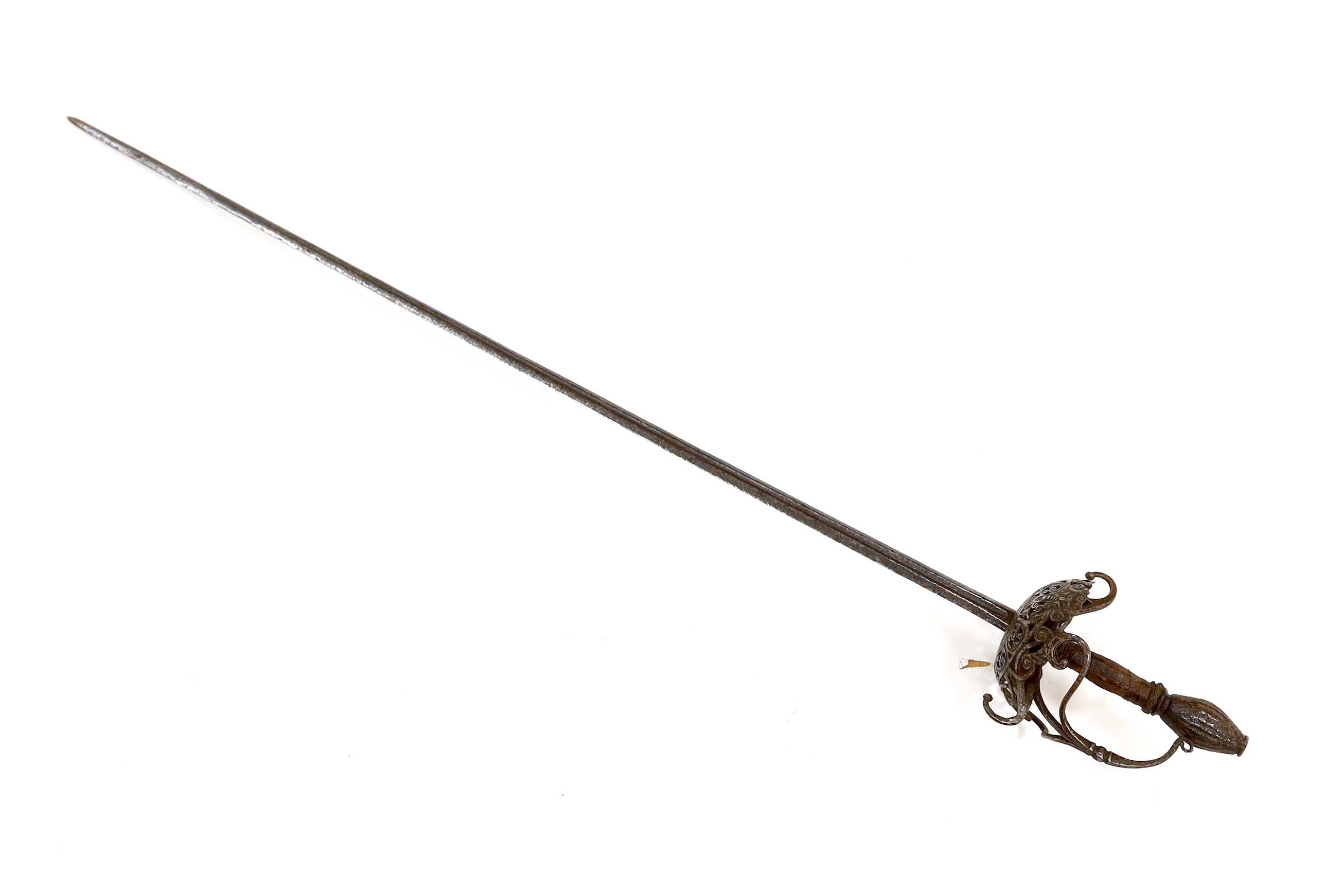 A mid 17th century English rapier, with pierced and chiselled cup guard, steel pommel and leather grip, blade 81cm